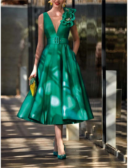 V-Neck Sleeveless A-Line Tea-Length Mother of the Bride Dress with Sash