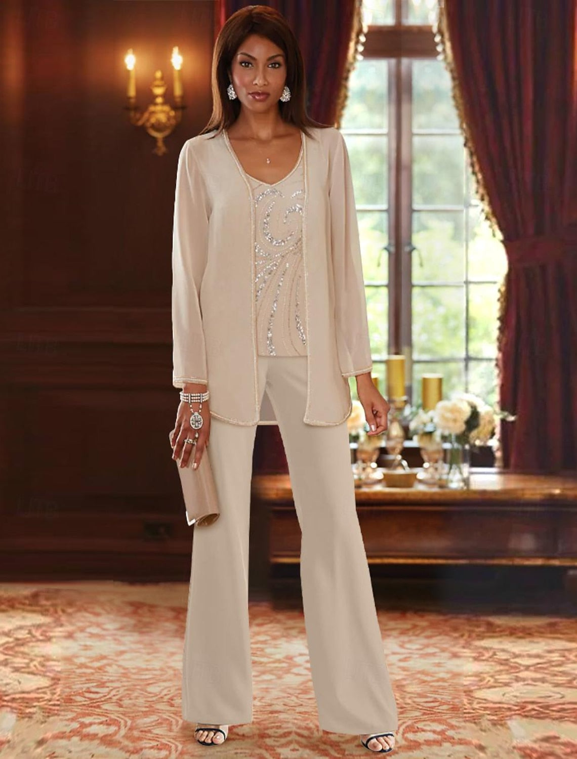 Floor-Length V-Neck Chiffon Pantsuits with Jacket & Sequins for the Mother of the Bride