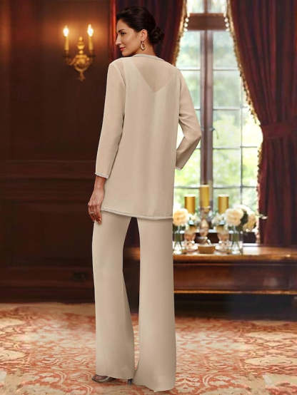 Floor-Length V-Neck Chiffon Pantsuits with Jacket & Sequins for the Mother of the Bride
