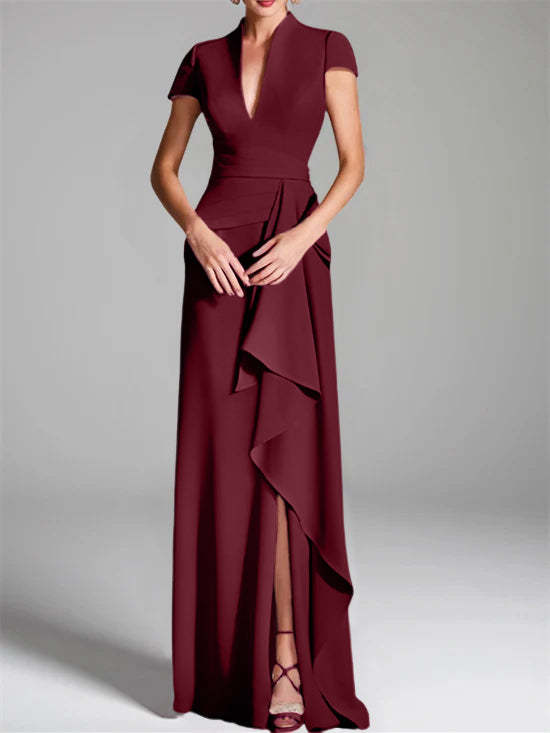 V-Neck Short-Sleeve Floor-Length Mother of the Bride Gown with Side Split