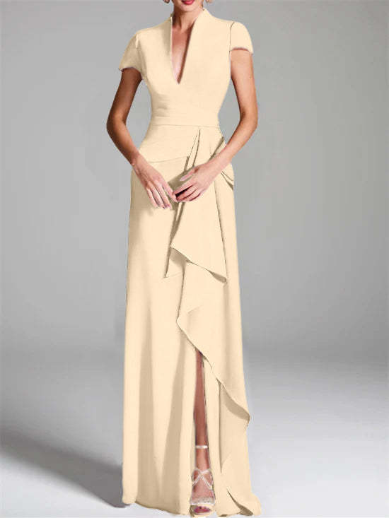 V-Neck Short-Sleeve Floor-Length Mother of the Bride Gown with Side Split