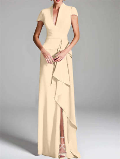 V-Neck Short-Sleeve Floor-Length Mother of the Bride Gown with Side Split