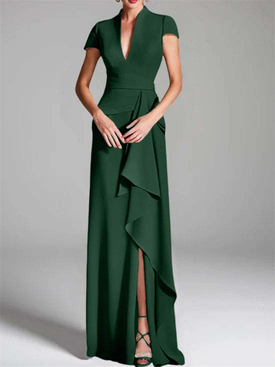 V-Neck Short-Sleeve Floor-Length Mother of the Bride Gown with Side Split