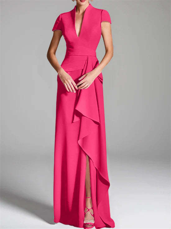 V-Neck Short-Sleeve Floor-Length Mother of the Bride Gown with Side Split