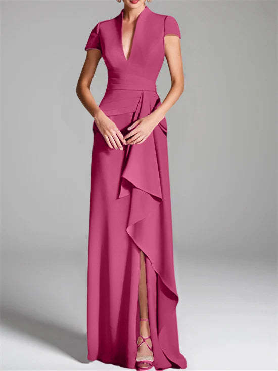 V-Neck Short-Sleeve Floor-Length Mother of the Bride Gown with Side Split