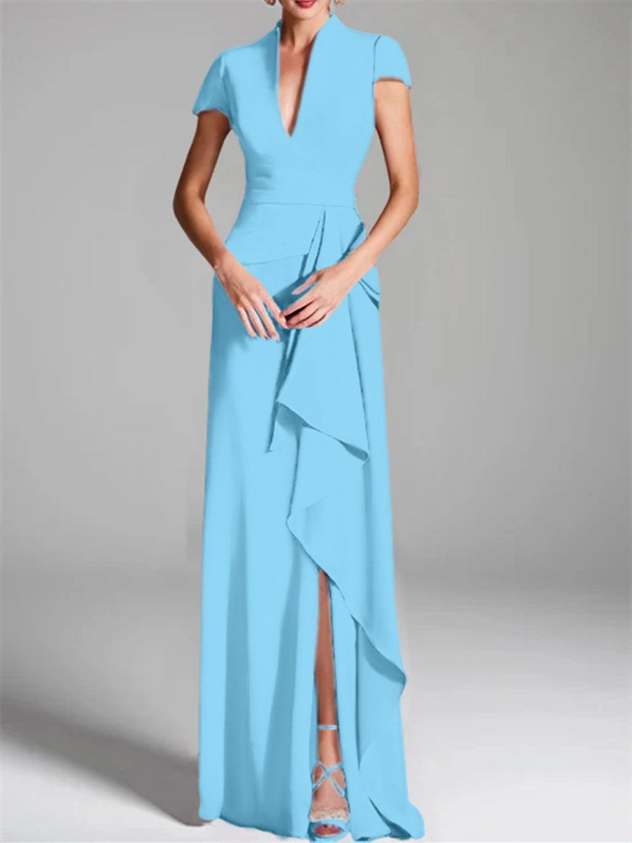 V-Neck Short-Sleeve Floor-Length Mother of the Bride Gown with Side Split