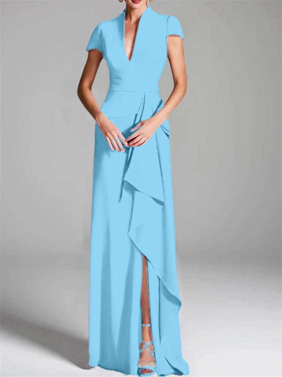 V-Neck Short-Sleeve Floor-Length Mother of the Bride Gown with Side Split