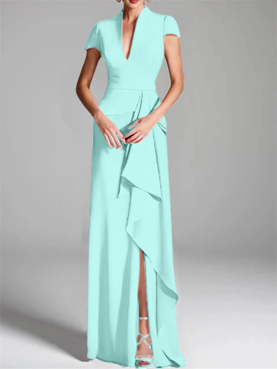 V-Neck Short-Sleeve Floor-Length Mother of the Bride Gown with Side Split