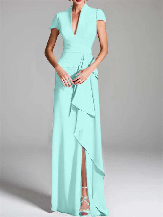 V-Neck Short-Sleeve Floor-Length Mother of the Bride Gown with Side Split