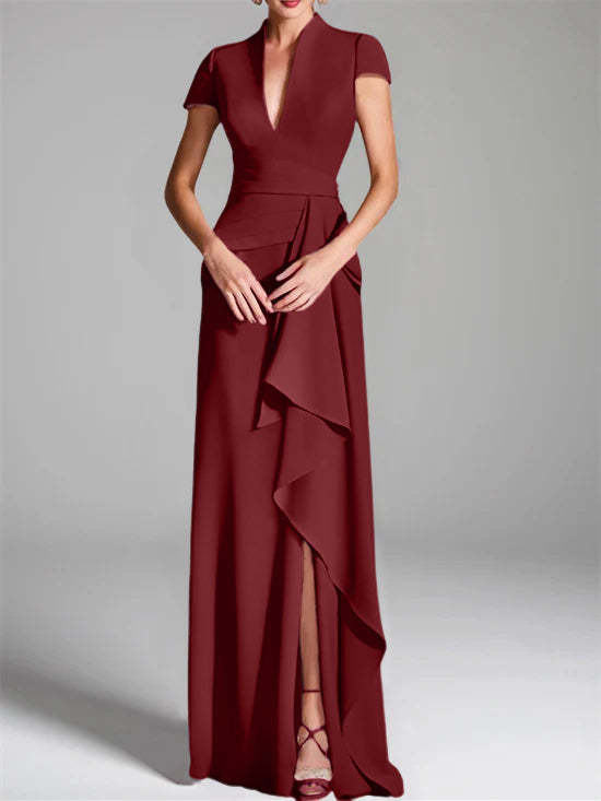 V-Neck Short-Sleeve Floor-Length Mother of the Bride Gown with Side Split
