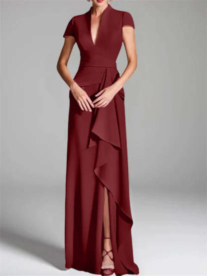 V-Neck Short-Sleeve Floor-Length Mother of the Bride Gown with Side Split