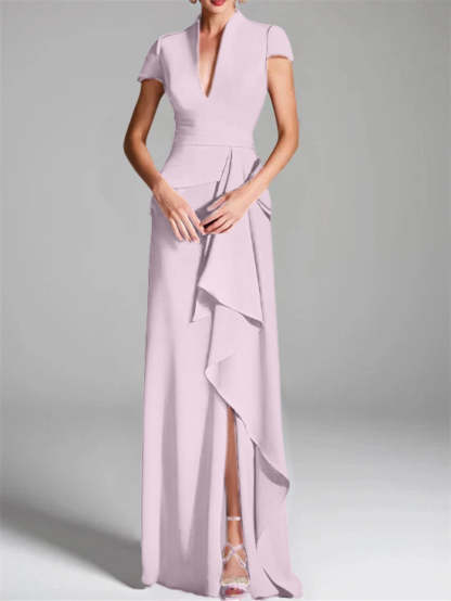V-Neck Short-Sleeve Floor-Length Mother of the Bride Gown with Side Split