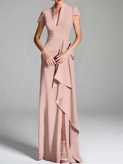 V-Neck Short-Sleeve Floor-Length Mother of the Bride Gown with Side Split