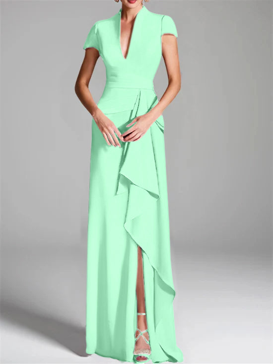 V-Neck Short-Sleeve Floor-Length Mother of the Bride Gown with Side Split