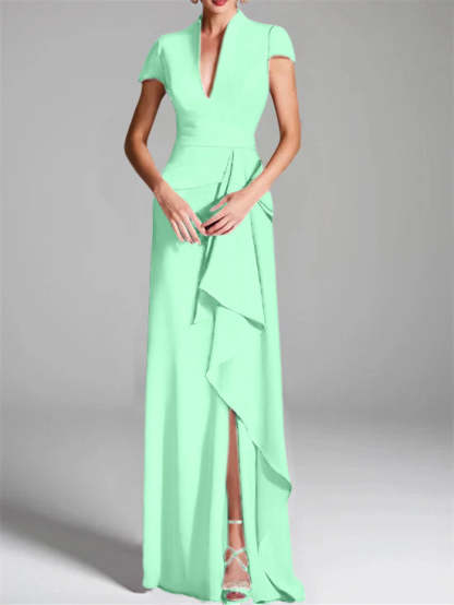 V-Neck Short-Sleeve Floor-Length Mother of the Bride Gown with Side Split
