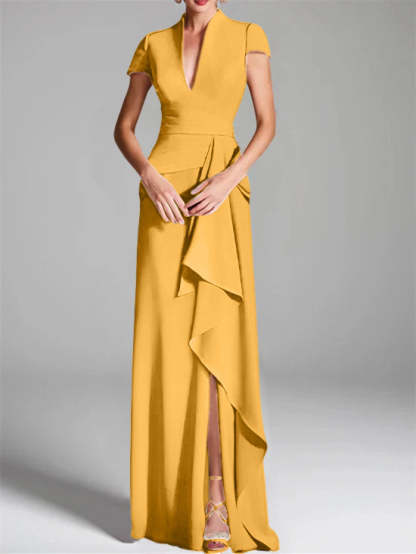 V-Neck Short-Sleeve Floor-Length Mother of the Bride Gown with Side Split
