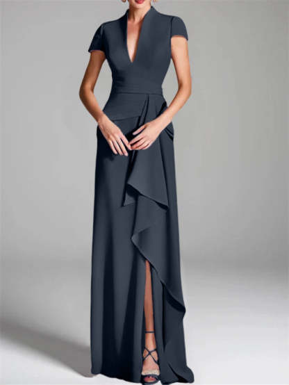 V-Neck Short-Sleeve Floor-Length Mother of the Bride Gown with Side Split
