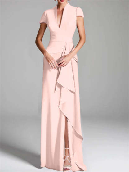 V-Neck Short-Sleeve Floor-Length Mother of the Bride Gown with Side Split