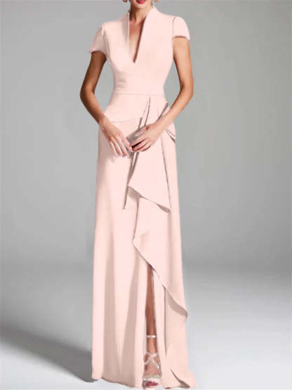 V-Neck Short-Sleeve Floor-Length Mother of the Bride Gown with Side Split