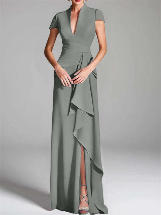 V-Neck Short-Sleeve Floor-Length Mother of the Bride Gown with Side Split