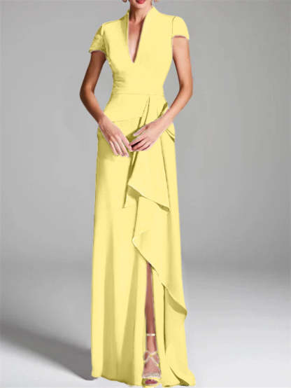 V-Neck Short-Sleeve Floor-Length Mother of the Bride Gown with Side Split