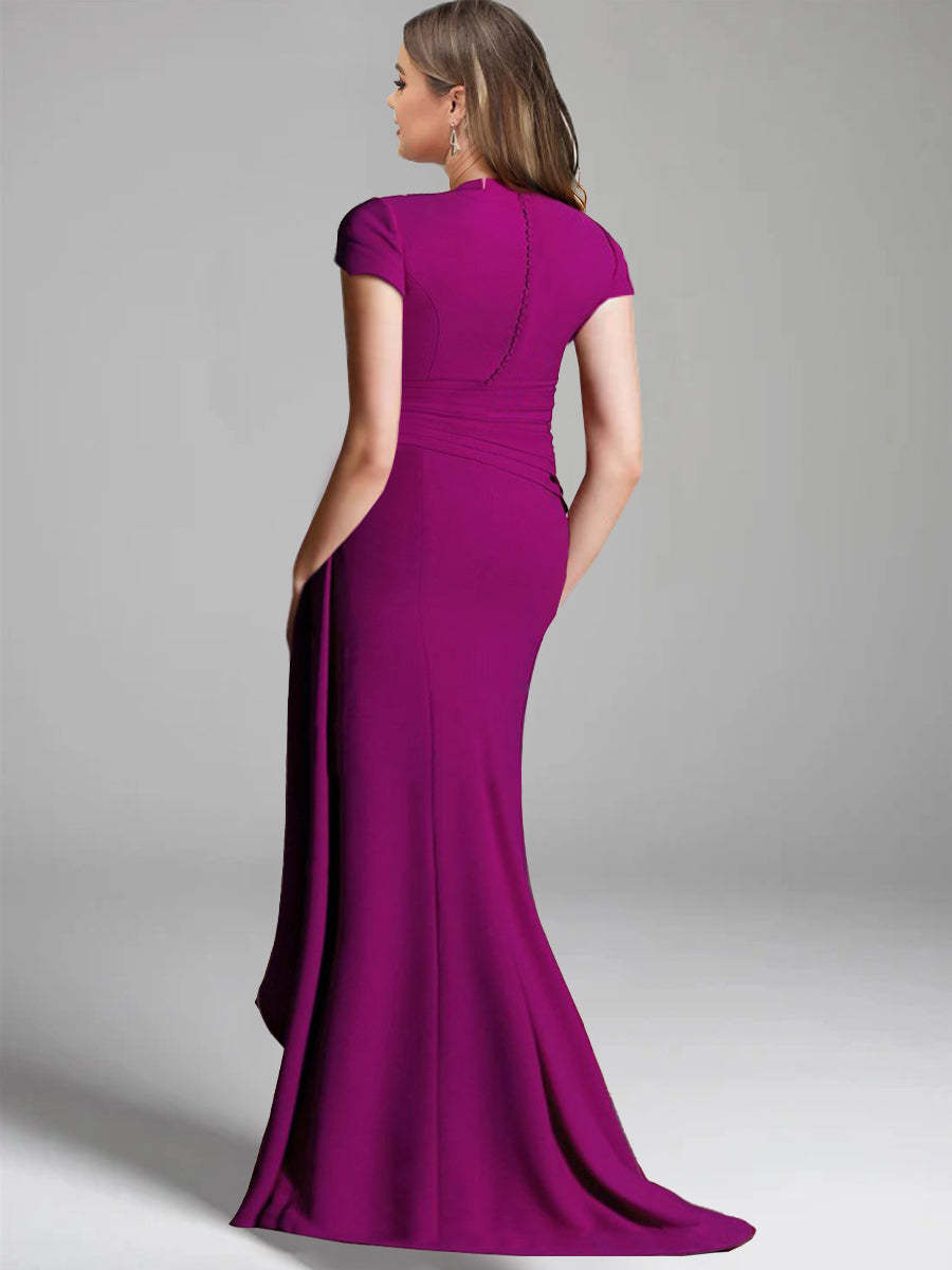 V-Neck Short-Sleeve Floor-Length Mother of the Bride Gown with Side Split