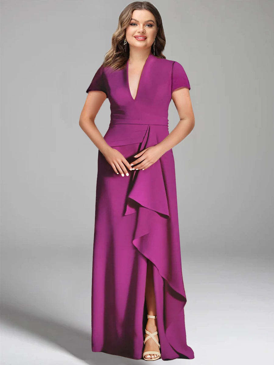 V-Neck Short-Sleeve Floor-Length Mother of the Bride Gown with Side Split