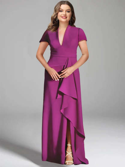V-Neck Short-Sleeve Floor-Length Mother of the Bride Gown with Side Split
