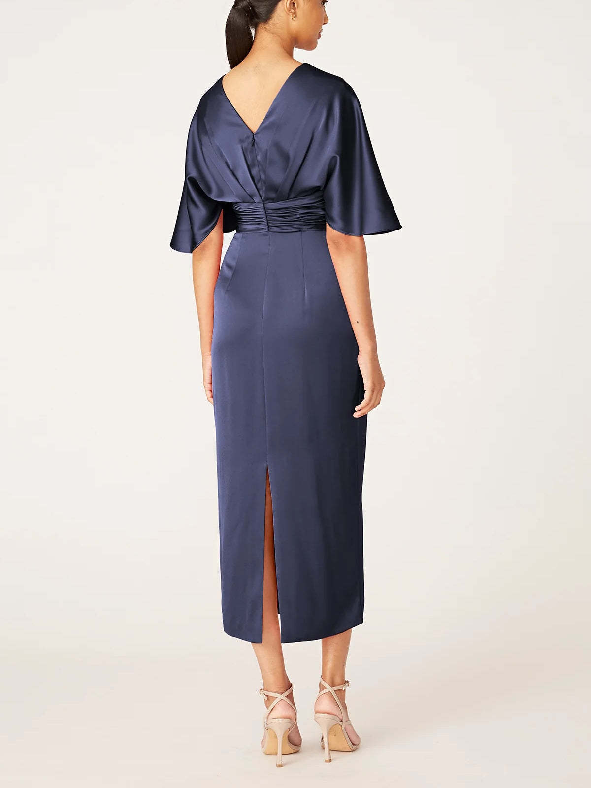 V-Neck Half-Sleeve Tea-Length Sheath Dress with Ruffles for the Mother of the Bride