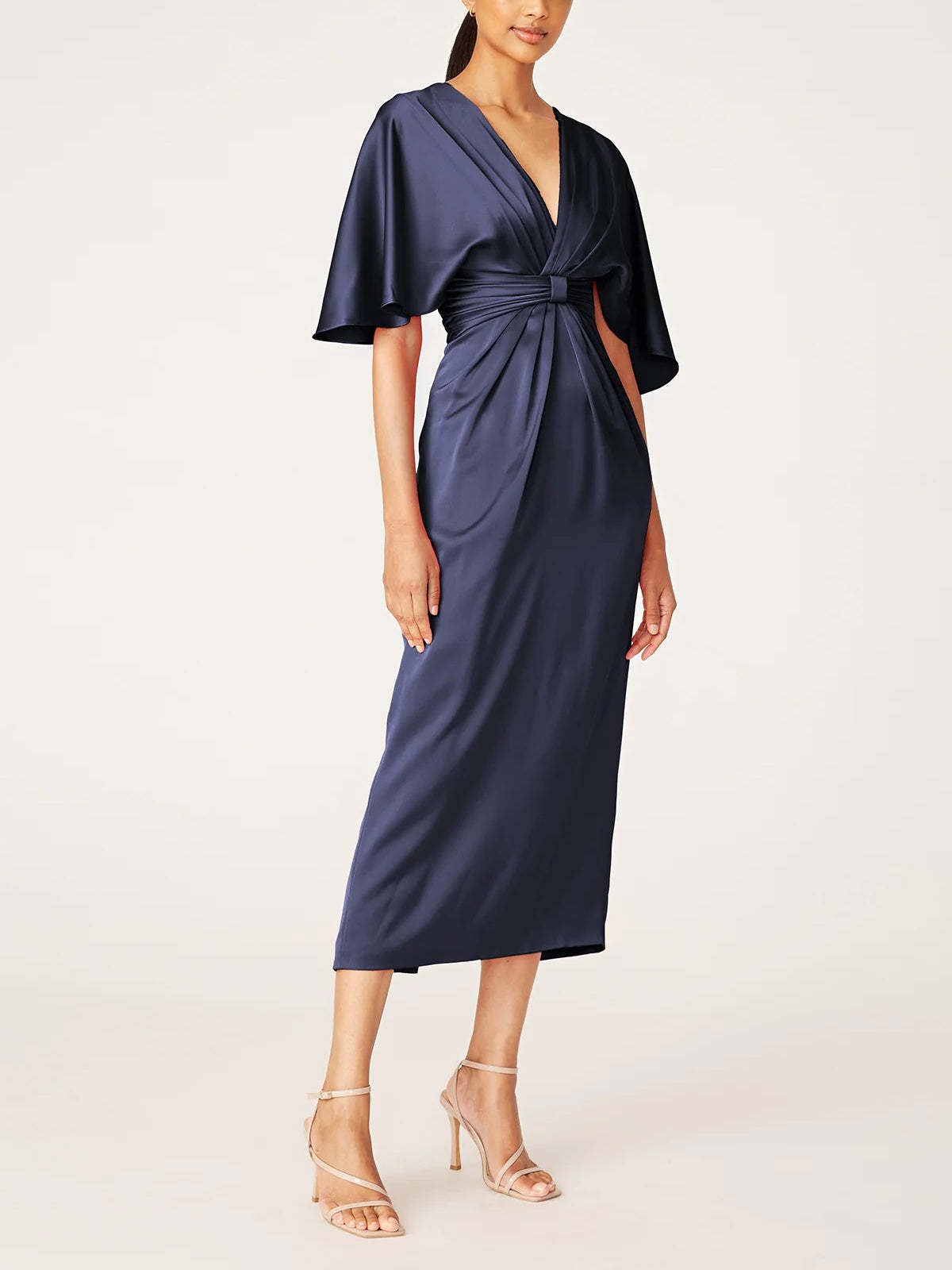 V-Neck Half-Sleeve Tea-Length Sheath Dress with Ruffles for the Mother of the Bride