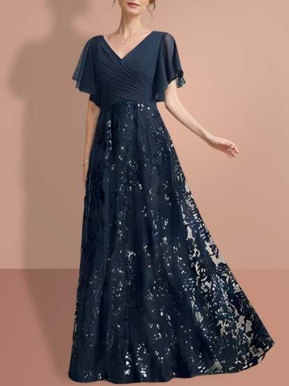 V-Neck A-Line Princess Floor-Length Mother of the Bride Dress with Short Sleeves and Sequins