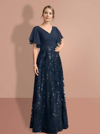 V-Neck A-Line Princess Floor-Length Mother of the Bride Dress with Short Sleeves and Sequins