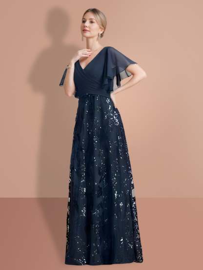 V-Neck A-Line Princess Floor-Length Mother of the Bride Dress with Short Sleeves and Sequins