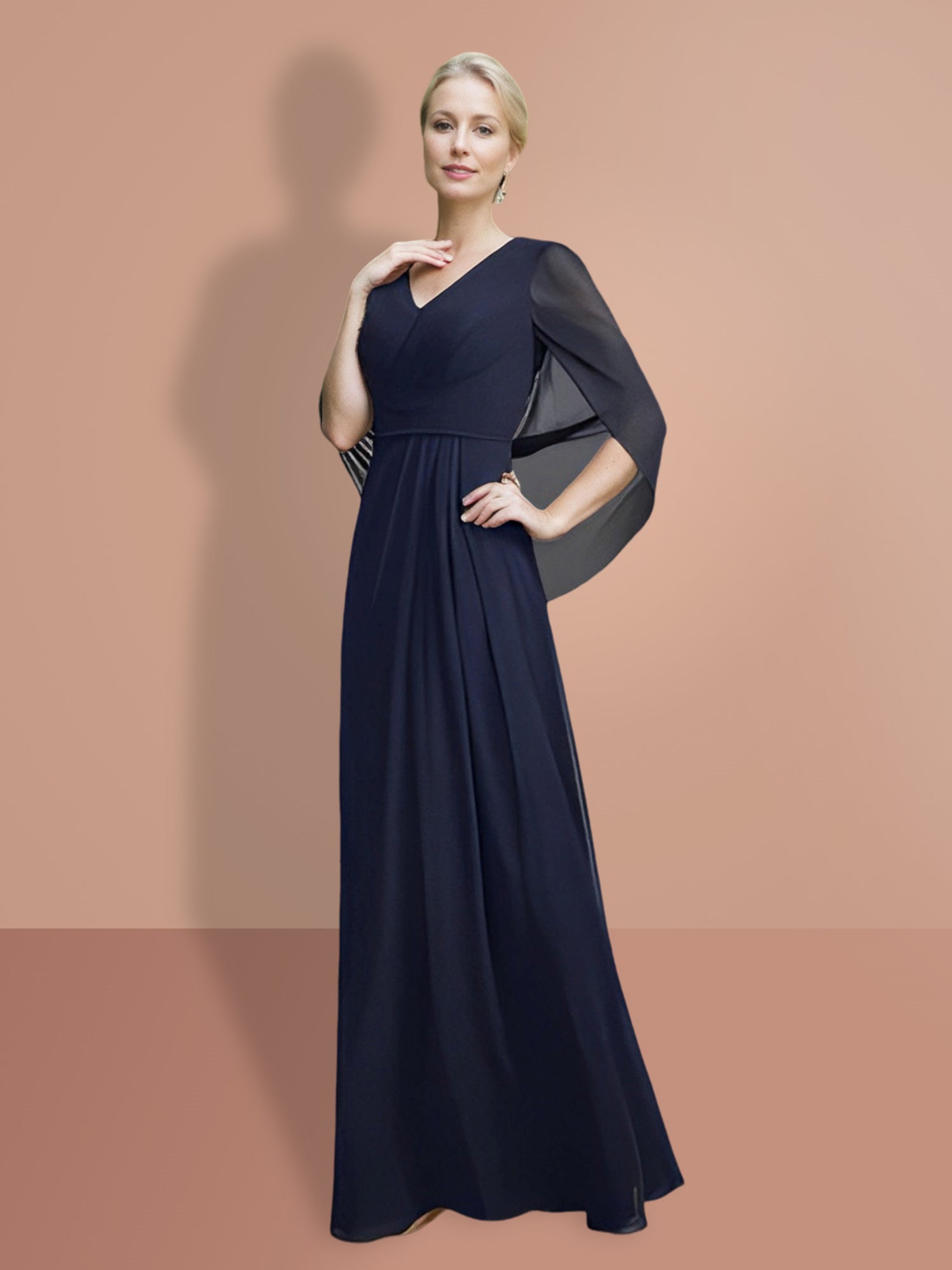 V-Neck A-Line Princess Mother of the Bride Dress with Half Sleeves