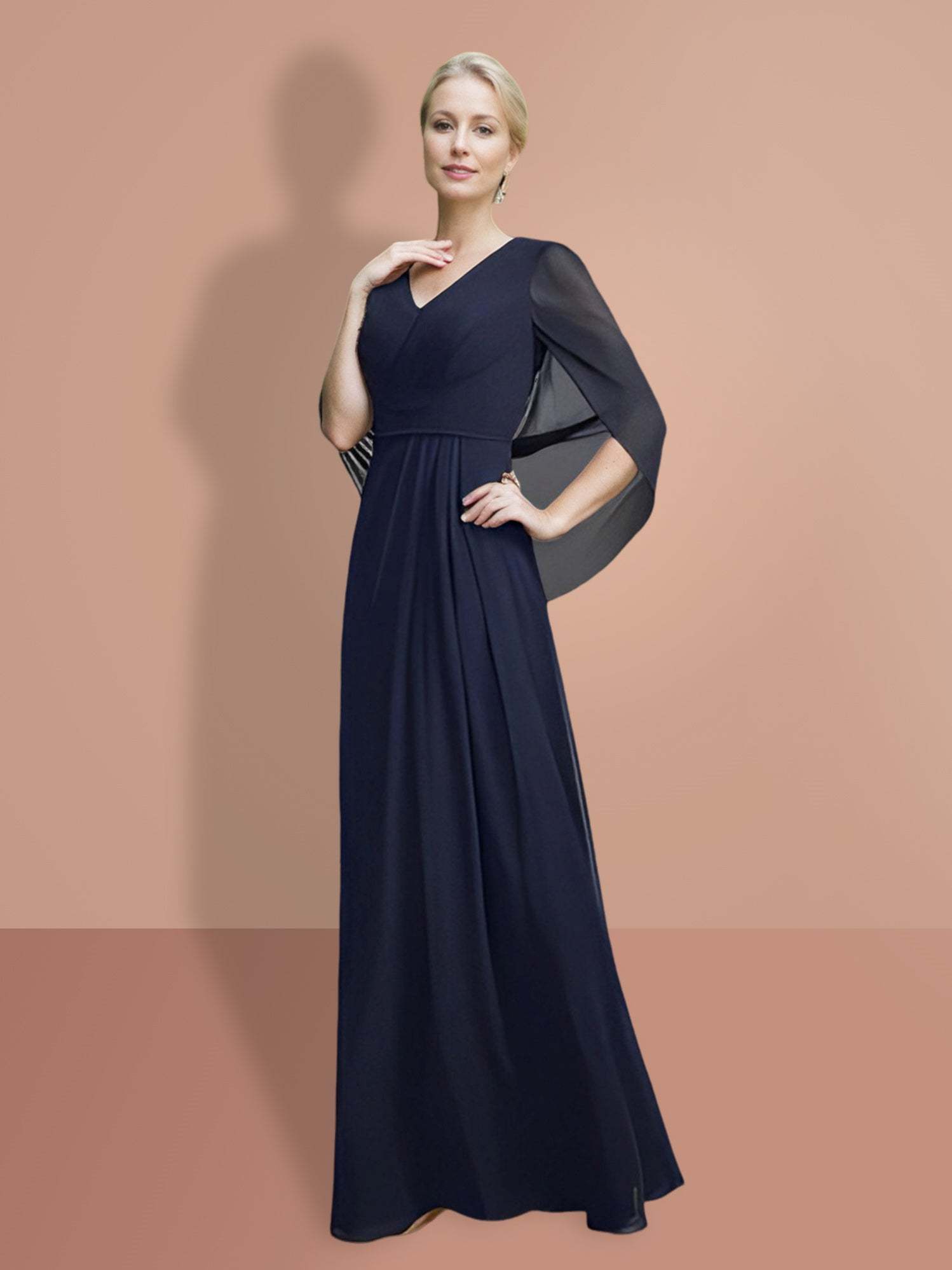 V-Neck A-Line Princess Mother of the Bride Dress with Half Sleeves