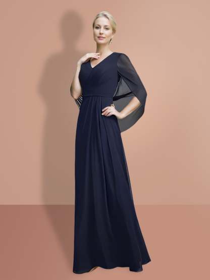 V-Neck A-Line Princess Mother of the Bride Dress with Half Sleeves