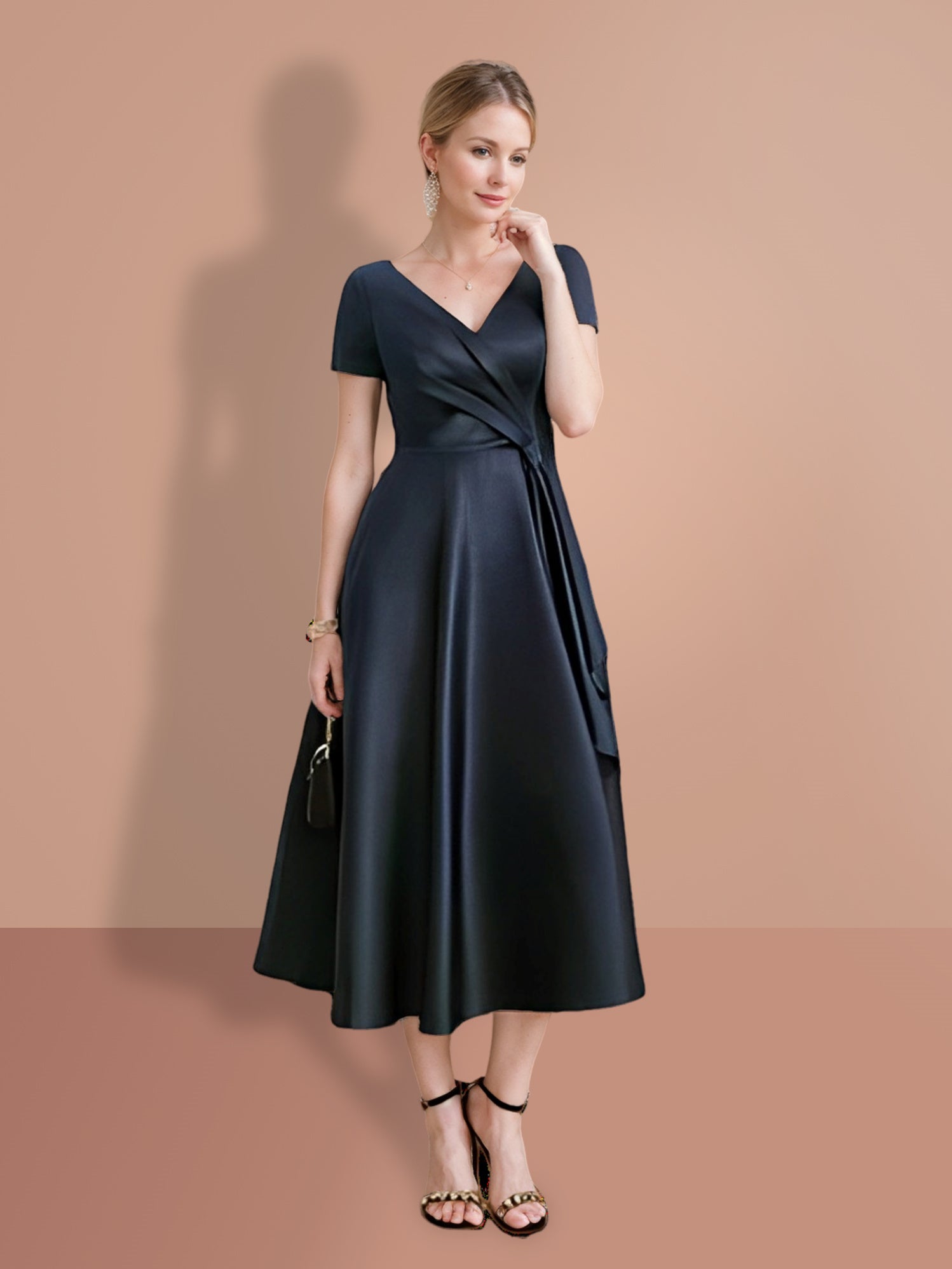 V-Neck A-Line Princess Short-Sleeve Mother of the Bride Dress