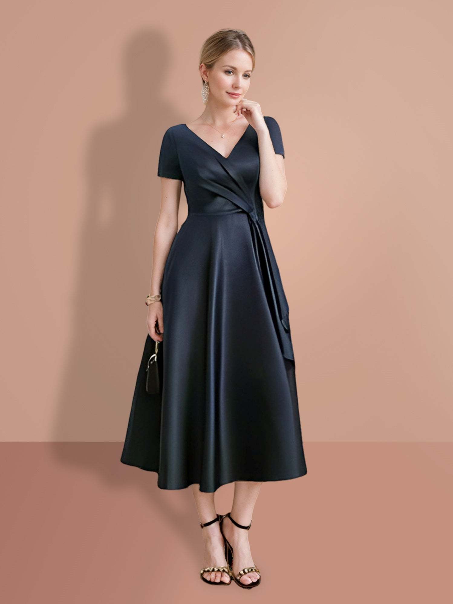 V-Neck A-Line Princess Short-Sleeve Mother of the Bride Dress