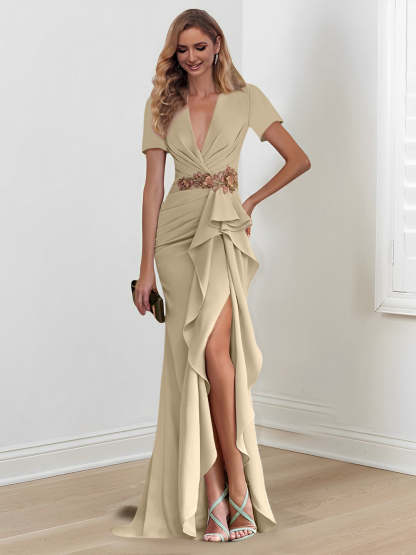 V-Neck Floor-Length Mermaid/Trumpet Mother of the Bride Dresses with Ruffles