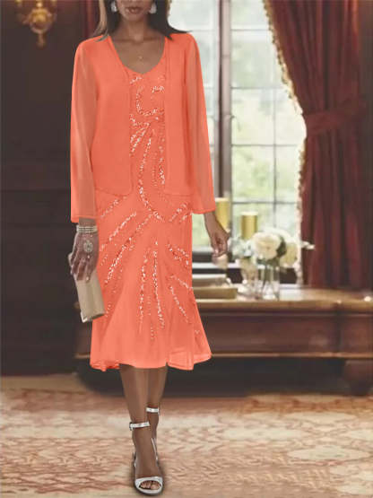 2-Piece V-Neck Chiffon Mother of the Bride Dress Set with Knee-Length Jacket and Sequins