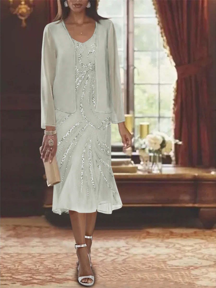 2-Piece V-Neck Chiffon Mother of the Bride Dress Set with Knee-Length Jacket and Sequins