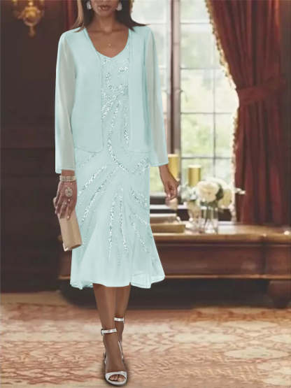 2-Piece V-Neck Chiffon Mother of the Bride Dress Set with Knee-Length Jacket and Sequins