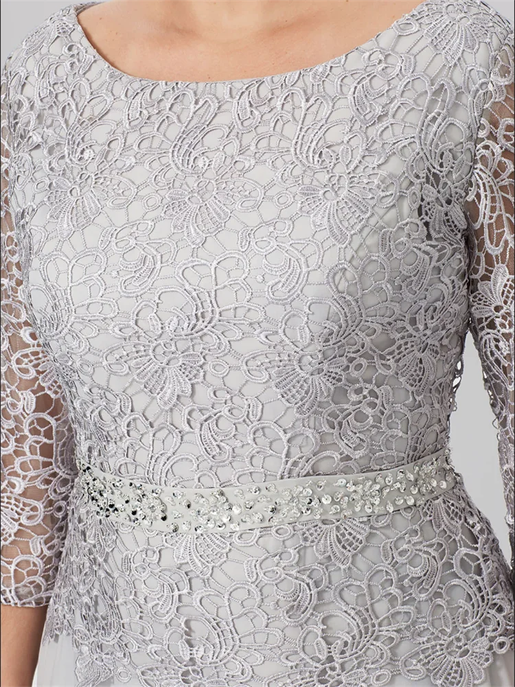 Floor-Length A-Line Princess Gown with Round Neck and 3/4 Sleeves Embellished with Applique & Sequins