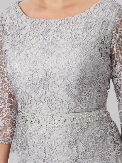 Floor-Length A-Line Princess Gown with Round Neck and 3/4 Sleeves Embellished with Applique & Sequins