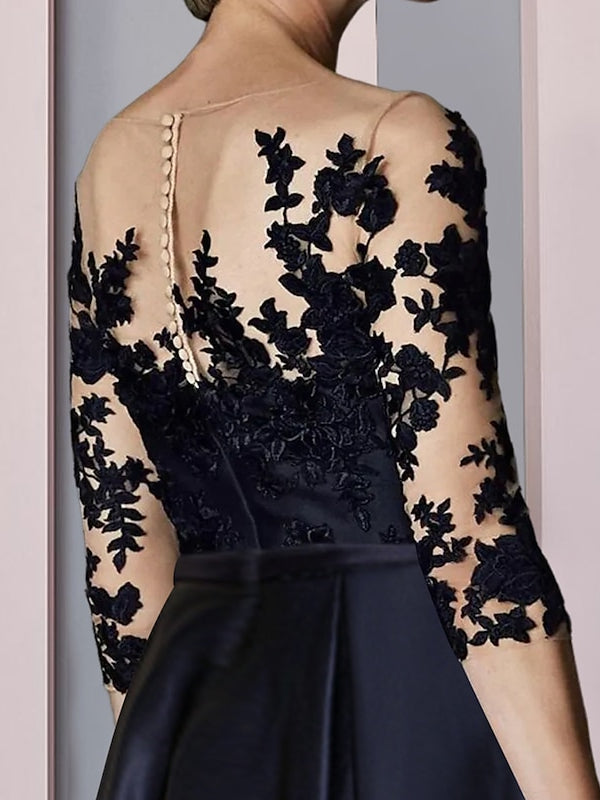 Asymmetrical Tea-Length A-Line/Princess Mother of the Bride Dresses with Illusion-Neck