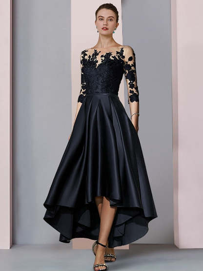 Asymmetrical Tea-Length A-Line/Princess Mother of the Bride Dresses with Illusion-Neck