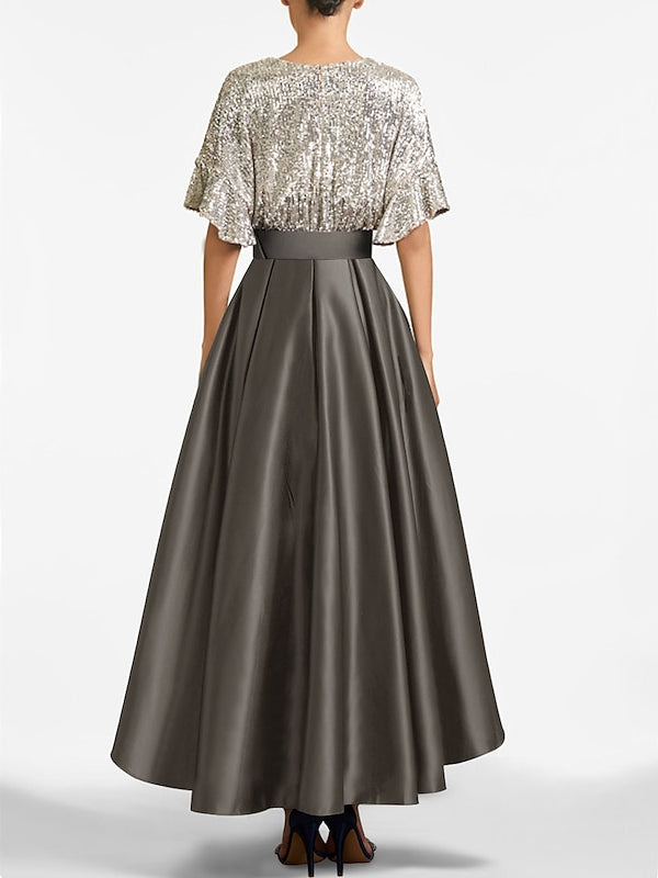 V-Neck A-Line Princess Asymmetrical Half-Sleeve Mother of the Bride Dress