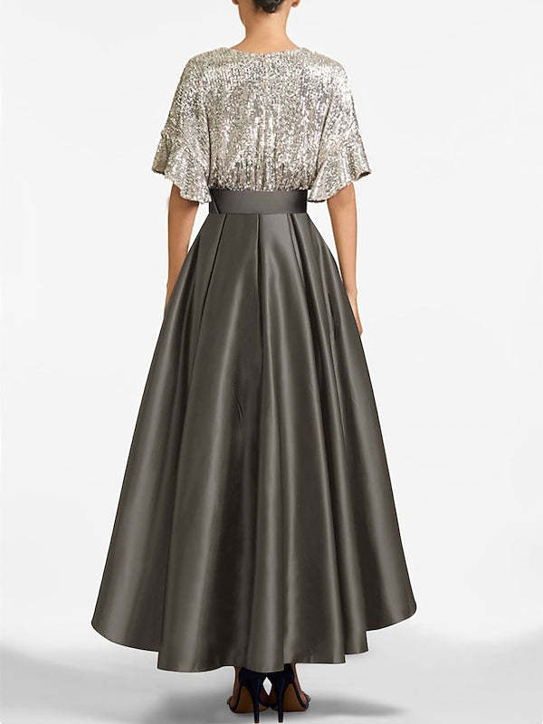 V-Neck A-Line Princess Asymmetrical Half-Sleeve Mother of the Bride Dress
