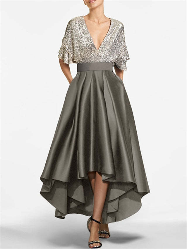 V-Neck A-Line Princess Asymmetrical Half-Sleeve Mother of the Bride Dress