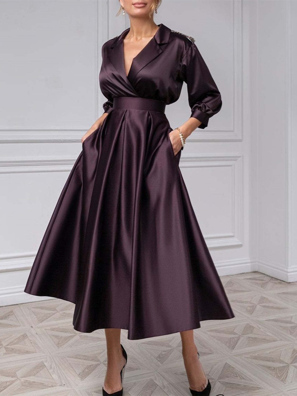V-Neck A-Line Princess Gown with 3/4 Sleeves and Beading for the Mother of the Bride